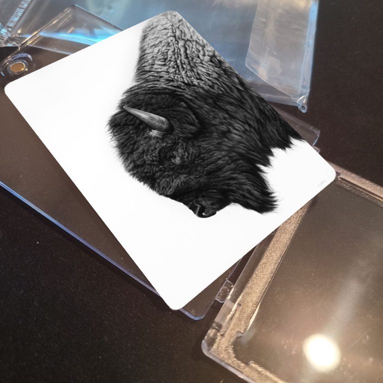 A black and white illustration of an animal's head on a transparent card.