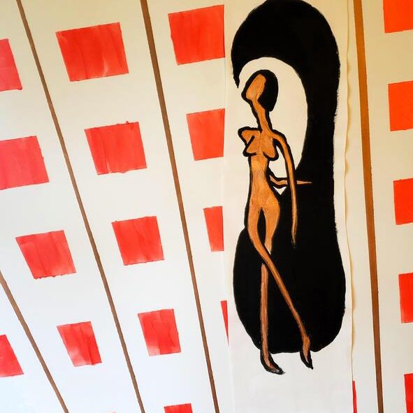 A stylized figure of a woman against a patterned background of red squares.
