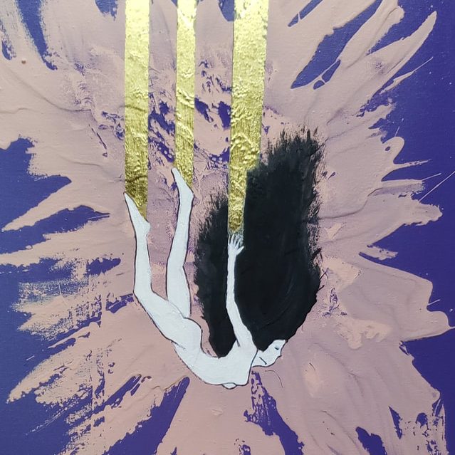 A silhouette of a figure diving down amidst colorful, abstract background splashes.