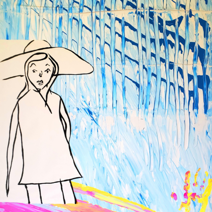 Line drawing of a woman in a large hat against an abstract blue backdrop.