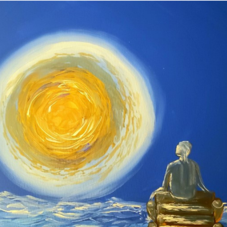 A person sitting on rocks, gazing at a large, bright sun in a blue sky.