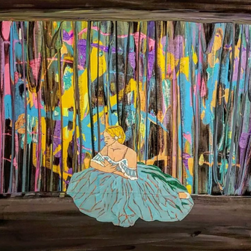 A seated woman in a blue dress against a colorful abstract background.