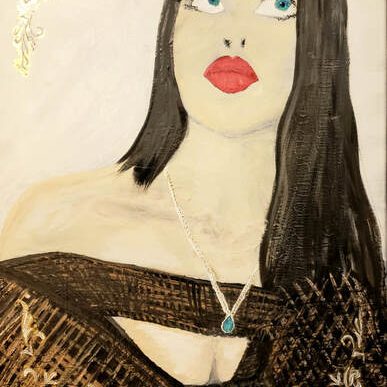 Stylized portrait of a woman with long black hair, blue eyes, and red lips wearing a necklace.