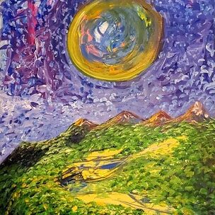 Colorful landscape with green hills, three mountains, and a large, vibrant sun in a starry sky.