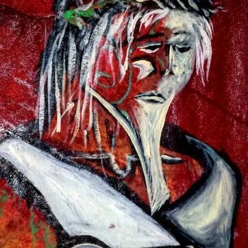 A stylized portrait of a figure with white hair and a crown, set against a red background.
